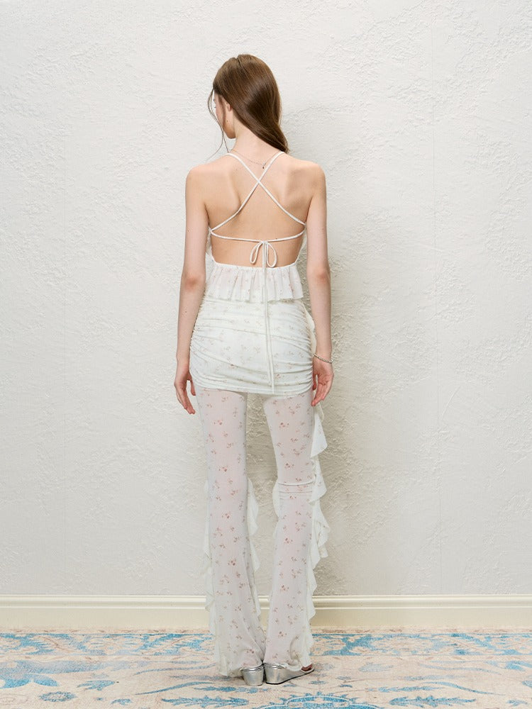 Black &amp; White Ruffle V-Neck Tank &amp; Sheer Pants Set