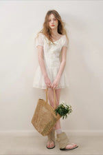 Apricot Floral Embroidered Puff Sleeve Dress