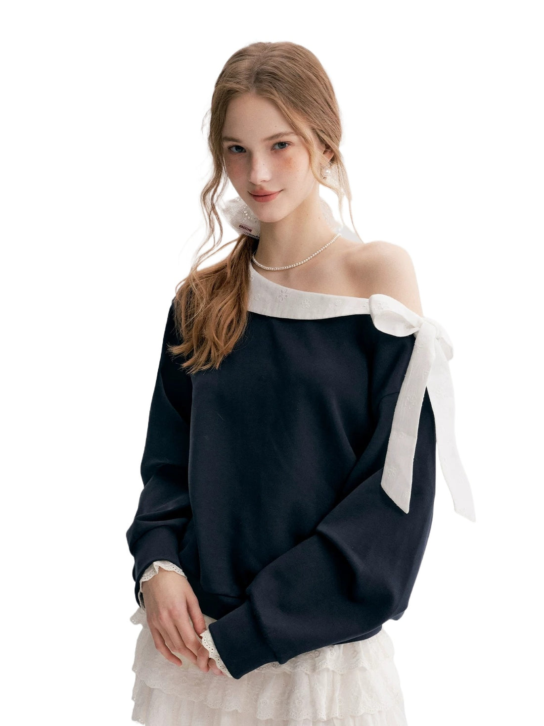 Navy &amp; Pink Bow Off-Shoulder Sweatshirt
