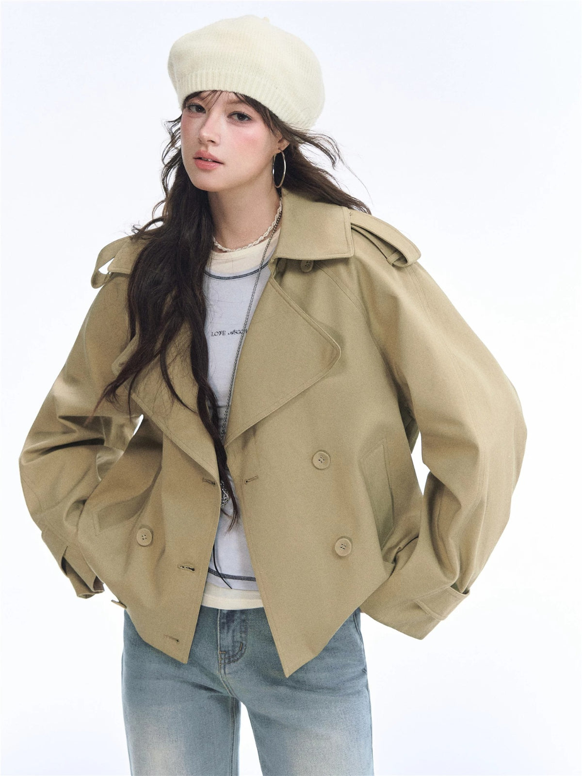 Vintage Solid Cropped Trench Coat