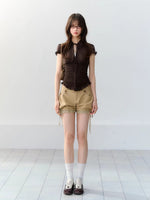 Blue & Brown Ruffle Tie Blouse