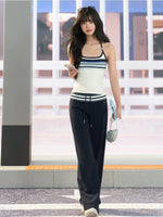 Navy Striped Drawstring Wide Leg Pants