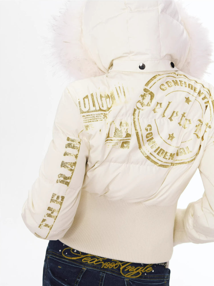 Foil Print Fur Collar Down Jacket