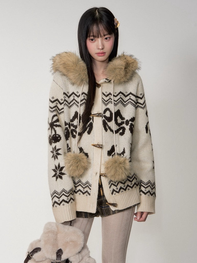 Fair Isle Fur Collar Toggle Knit Coat