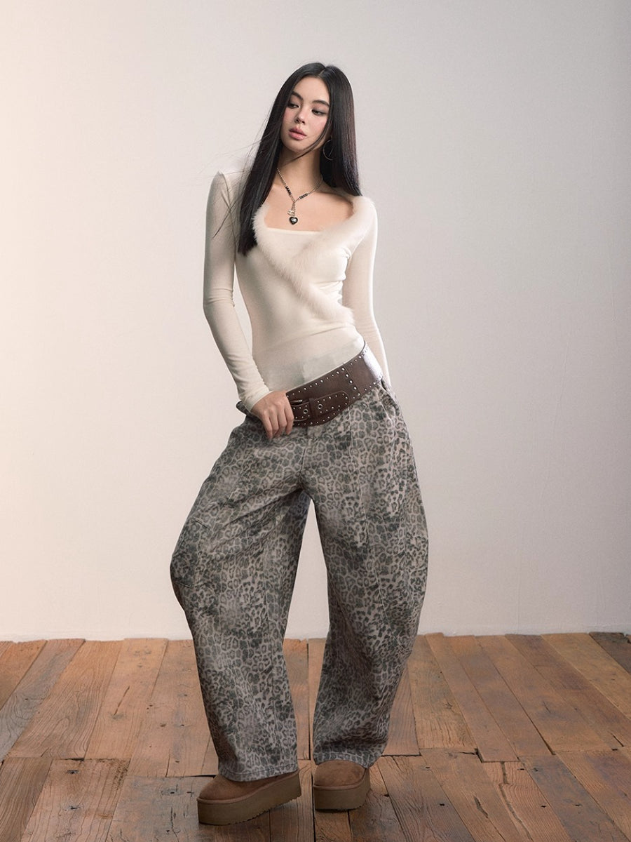 Leopard Print Scythe Wide-Leg Casual Jeans