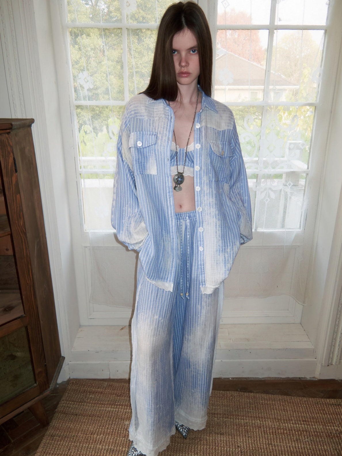 Stripe Shirt Corset Pants Set