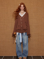 V-Neck Floral Tie Wool-Blend Knit Cardigan