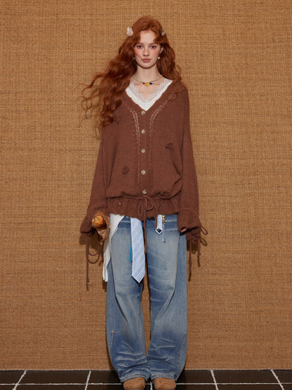 V-Neck Floral Tie Wool-Blend Knit Cardigan