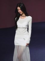 Lyocell Fake Two-piece Sheer Blouse & Skirt Set
