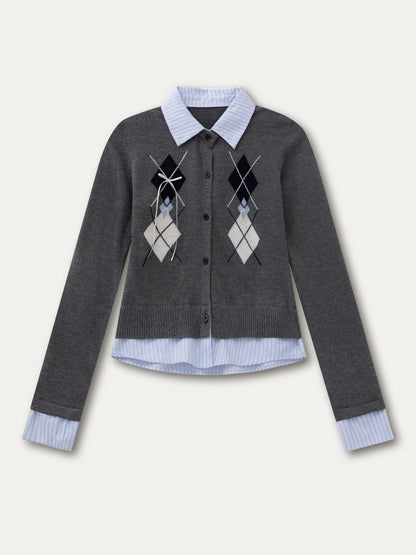 Faux Two-Piece Patchwork Shirt Collar Sweater