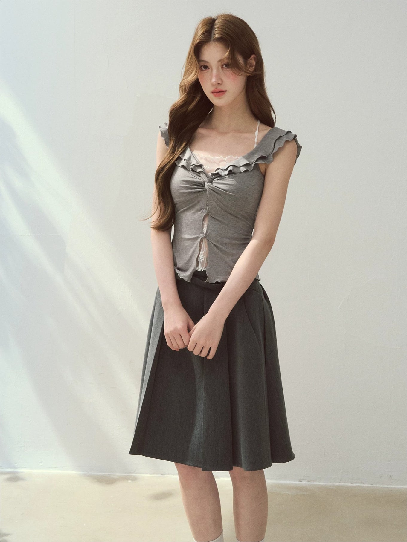 Pink &amp; Gray Ruffle Trim Blouse