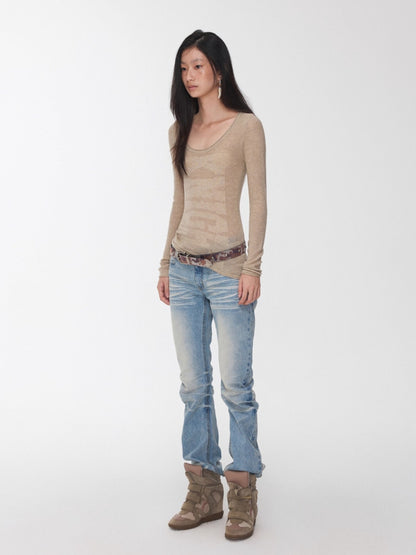 Vintage Pleated Washed Denim Curved Jeans