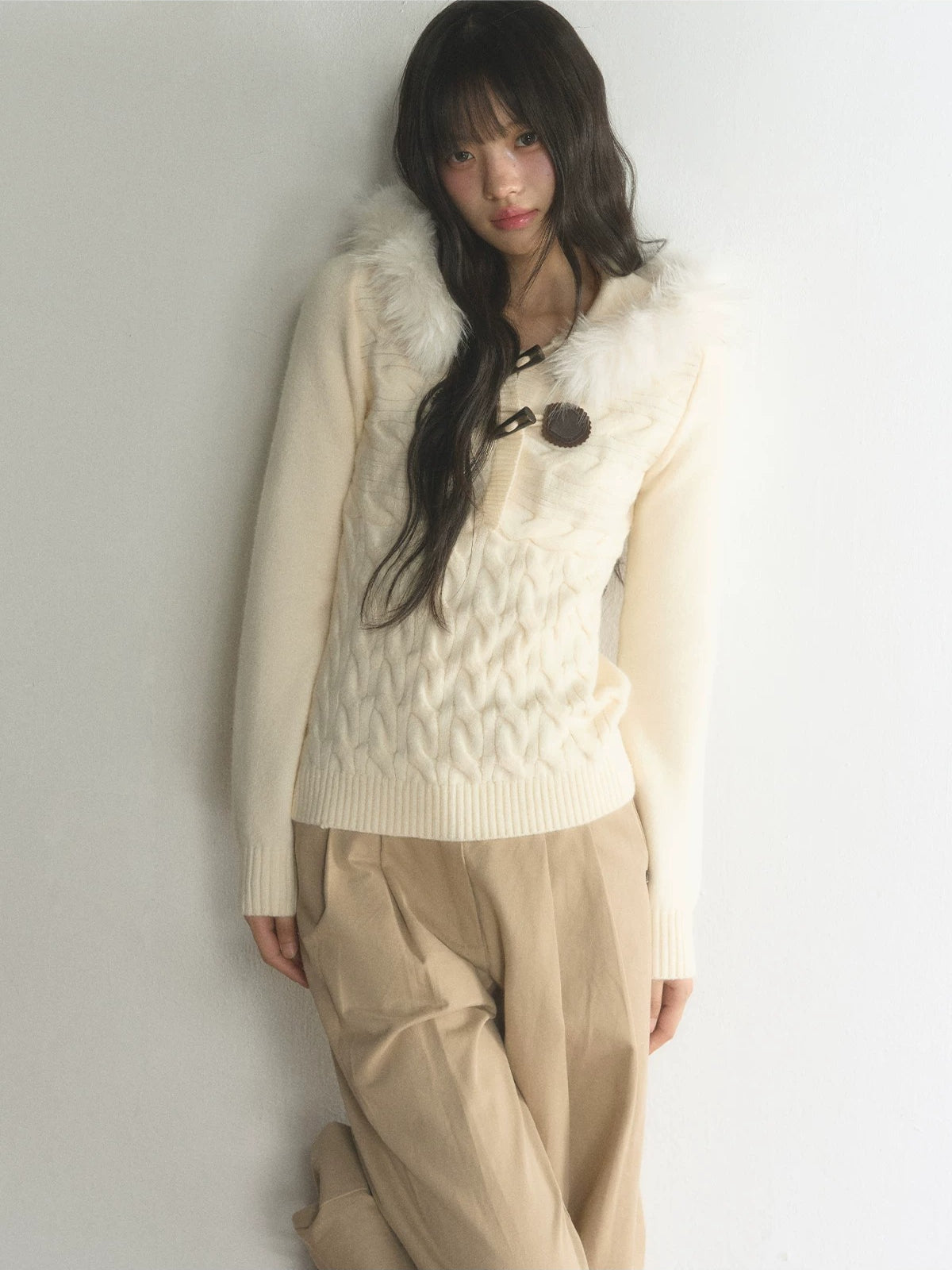 Fur-Trimmed Hooded Toggle Cable-Knit Sweater