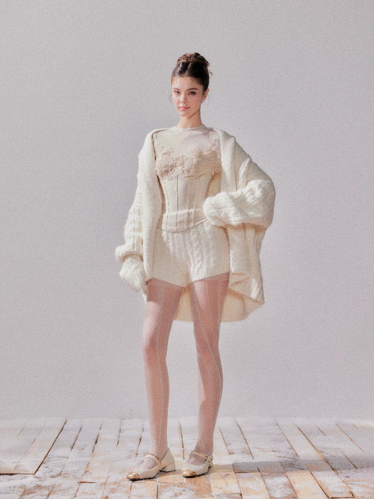 Knit Sweater Cardigan Coat &amp; Shorts Set