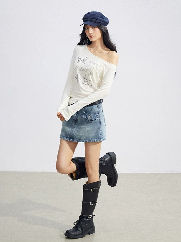 Irregular Off-Shoulder Butterfly T-shirt