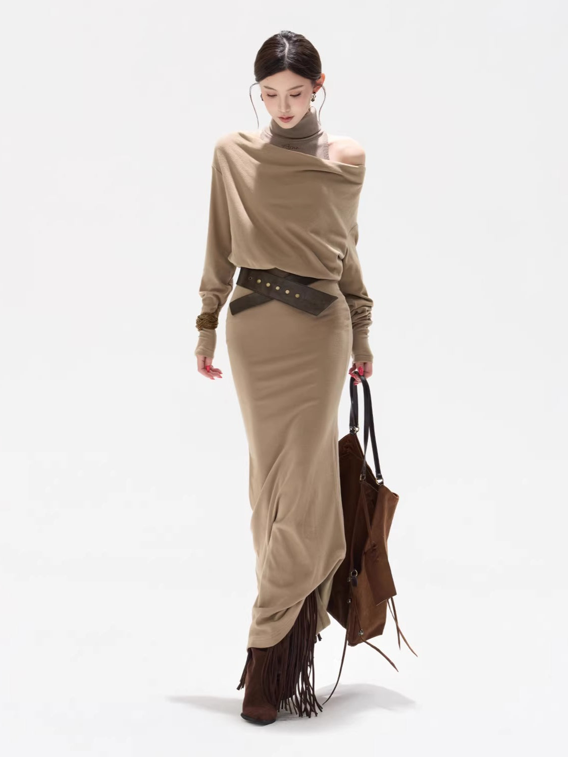 Khaki Draped High-neck Dress