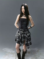 Graffiti Ruched Plaid Bustier Dress