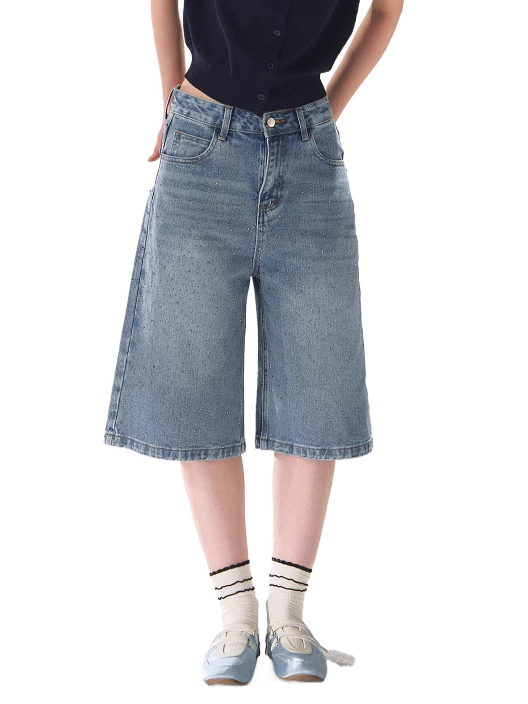 Rhinestone Washed Denim Culottes