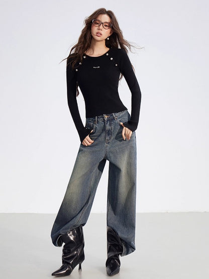 Leather-Patch Wide-Leg Denim Pants