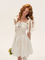White Striped Ruched Bow Strap Dress
