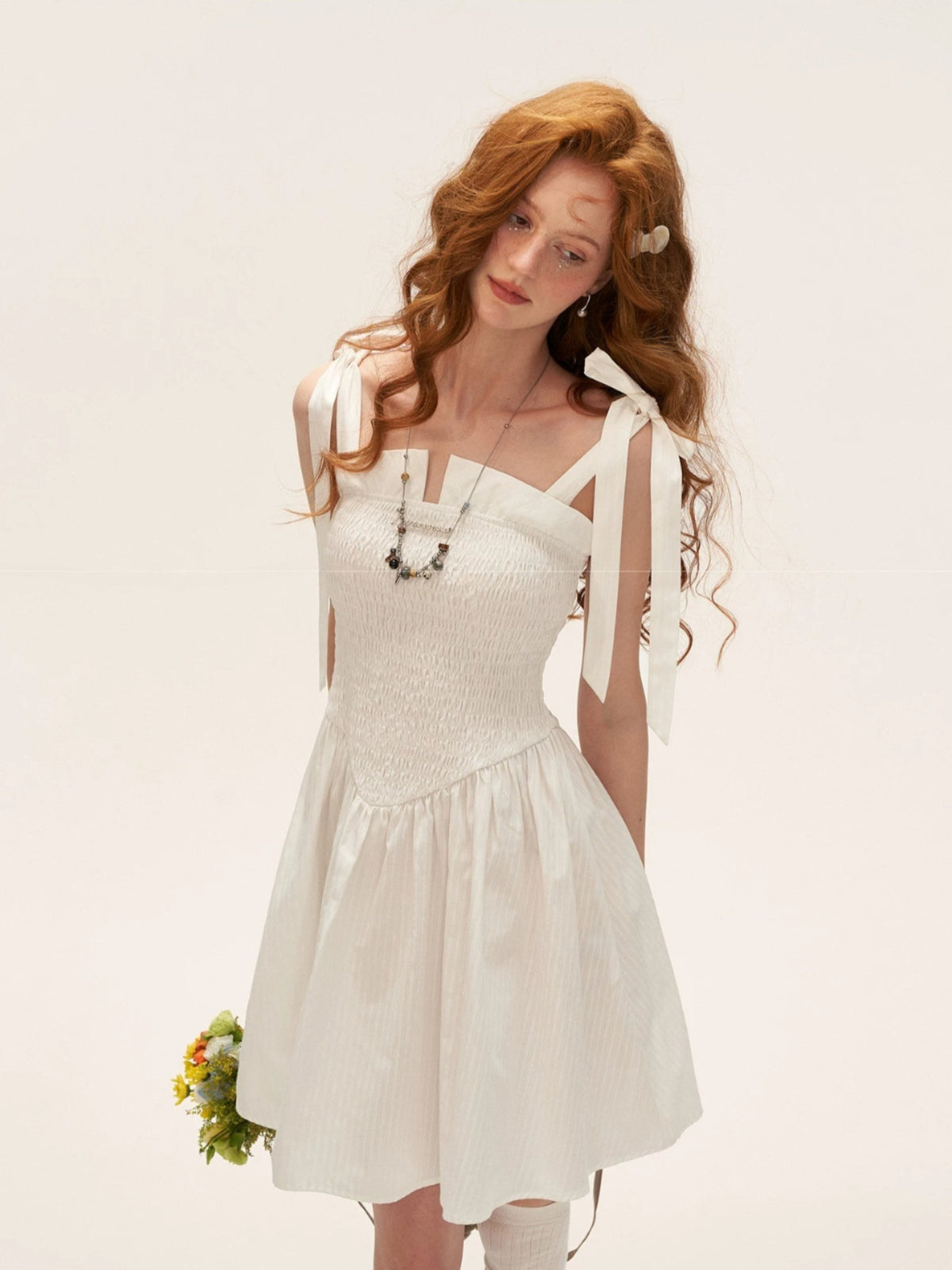 White Striped Ruched Bow Strap Dress