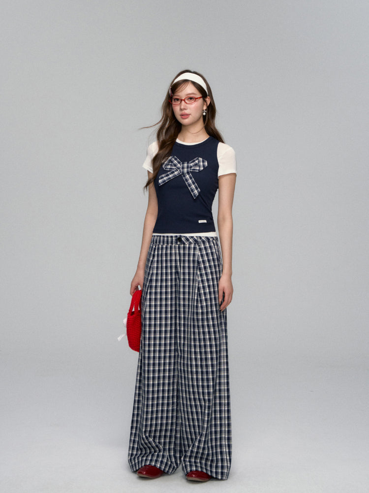 Checkered Bow Contrast Color Short-Sleeve Set