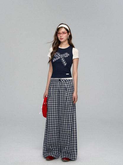 Checkered Bow Contrast Color Short-Sleeve Set