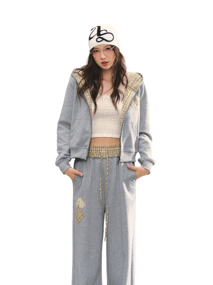 Gray Embroidered Zipper Hoodie&amp; Checkered Pants Set