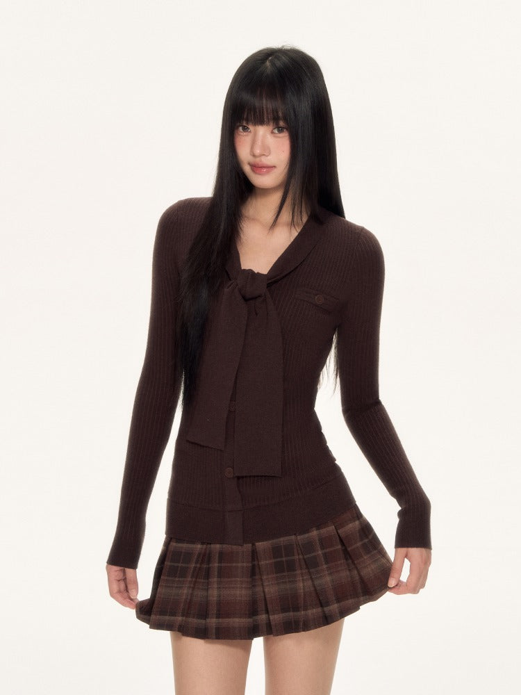 Dark Coffee Plaid Pleated Knit Dress
