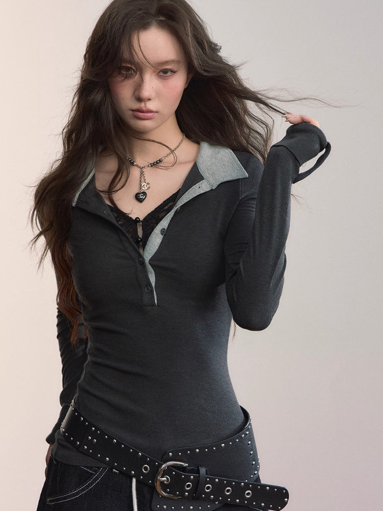 Contrast Collar Lace-Trim Long Sleeve T-shirt