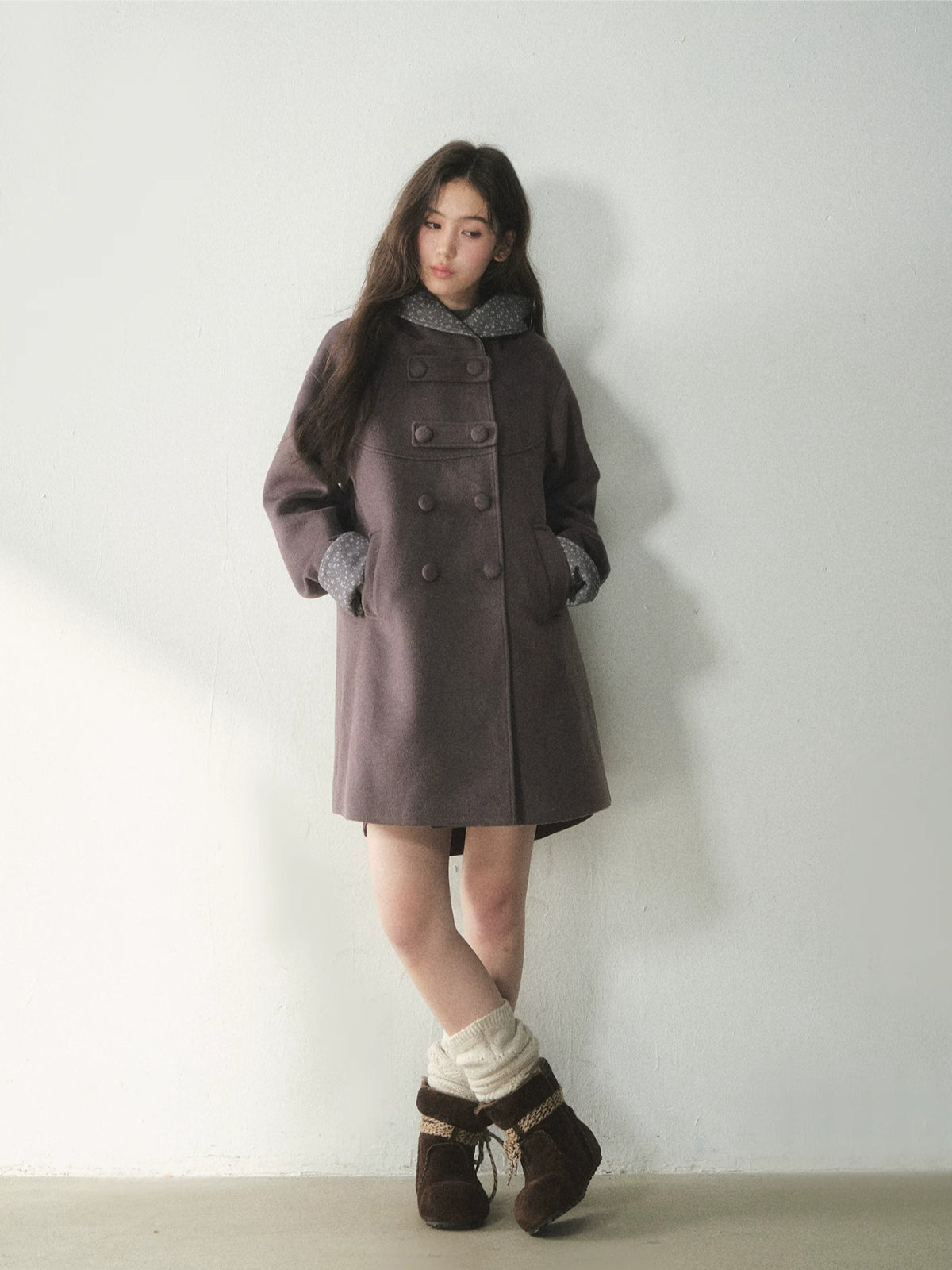 Double-Breasted Floral Hooded Wool Coat