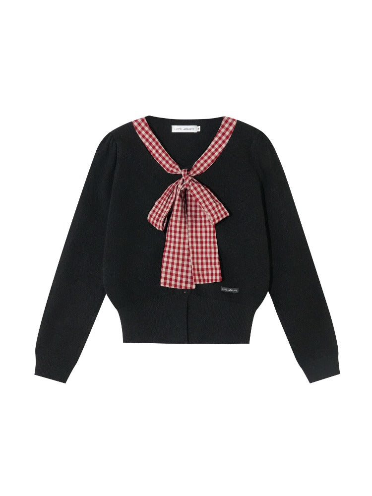 Plaid Bow-Tie Round Neck Knitted Cardigan