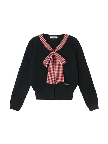 Plaid Bow-Tie Round Neck Knitted Cardigan