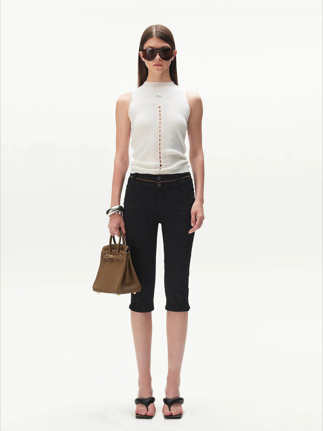 Contrast-Panel Capri Denim Shorts