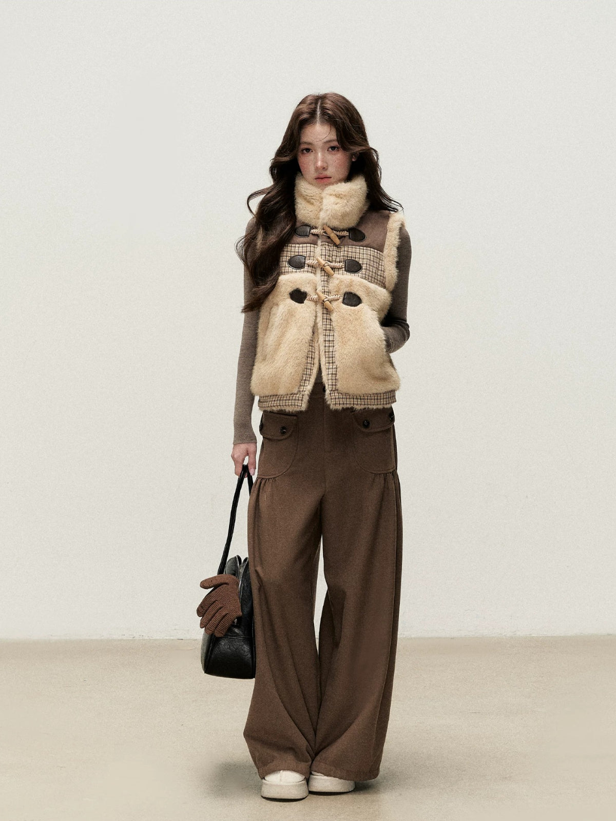 Vintage Brown Pleated Straight-Leg Pants
