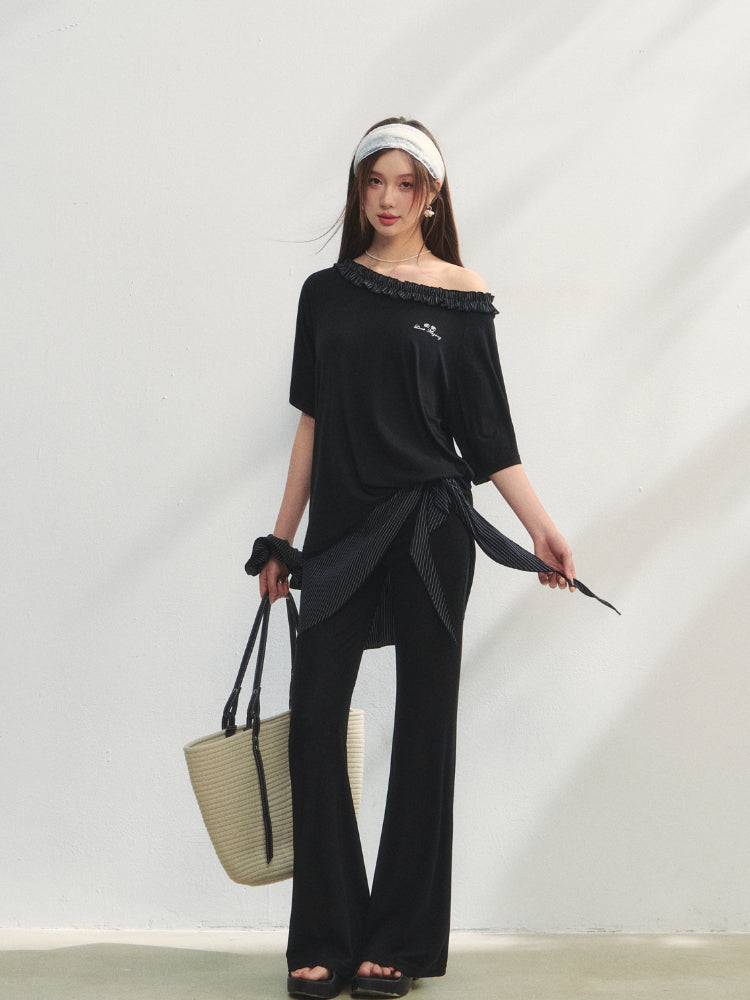 Checkered Asymmetric Shoulder Short-Sleeve T-Shirt & Pants Set