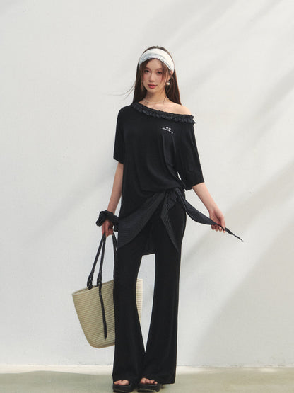 Checkered Asymmetric Shoulder Short-Sleeve T-Shirt &amp; Pants Set