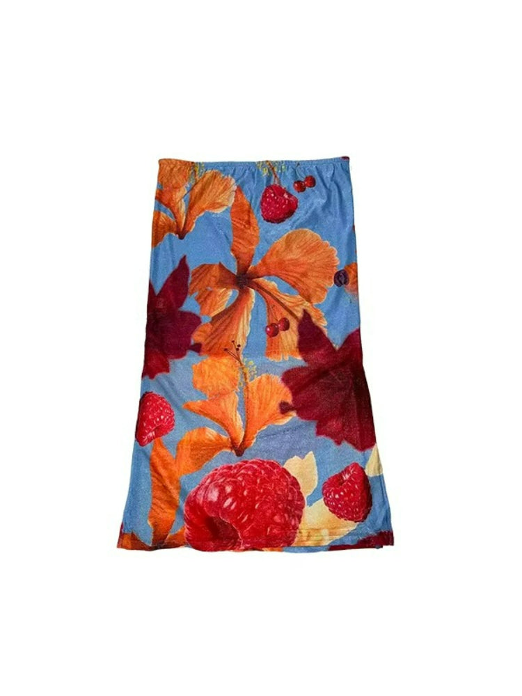 Tropical Fruit Print Side Slit Midi Skirt