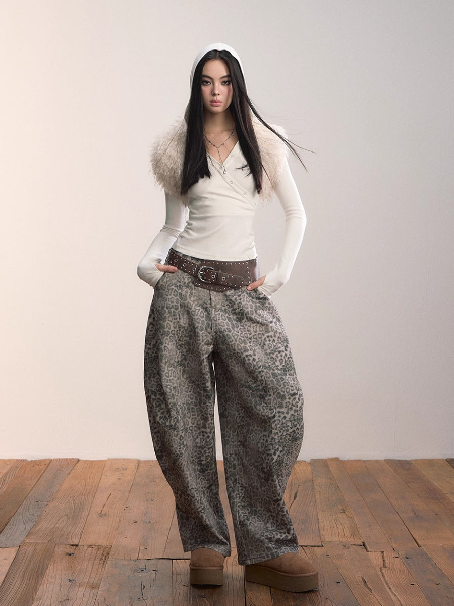 Leopard Print Scythe Wide-Leg Casual Jeans