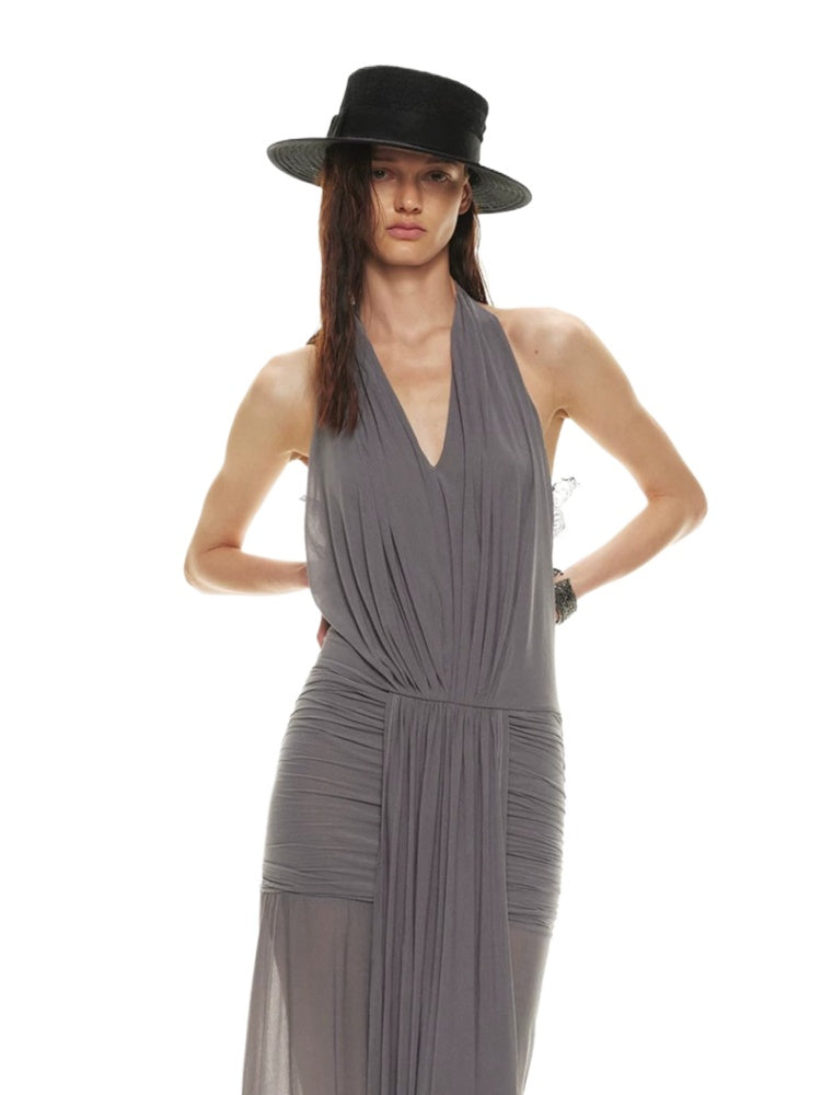 Mist Grey Lace Halter Dress