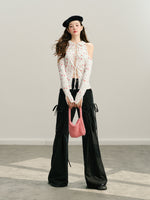 Black & White Off-Shoulder Tie-Back Knit Cardigan