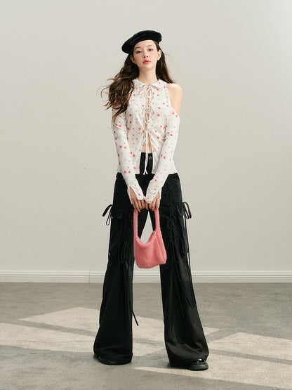 Black &amp; White Off-Shoulder Tie-Back Knit Cardigan