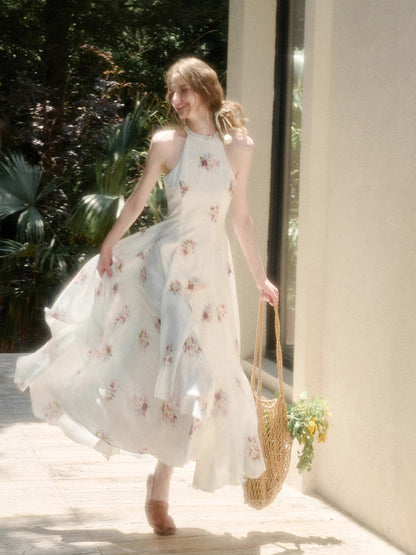 Halter Neck Printed Square Scarf Long Dress