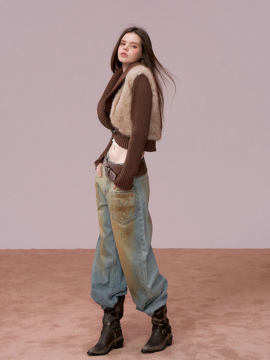 Faux Fur Panel Knitted Short Jacket