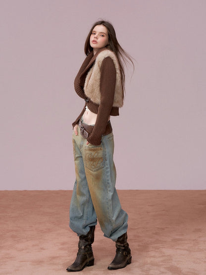 Faux Fur Panel Knitted Short Jacket