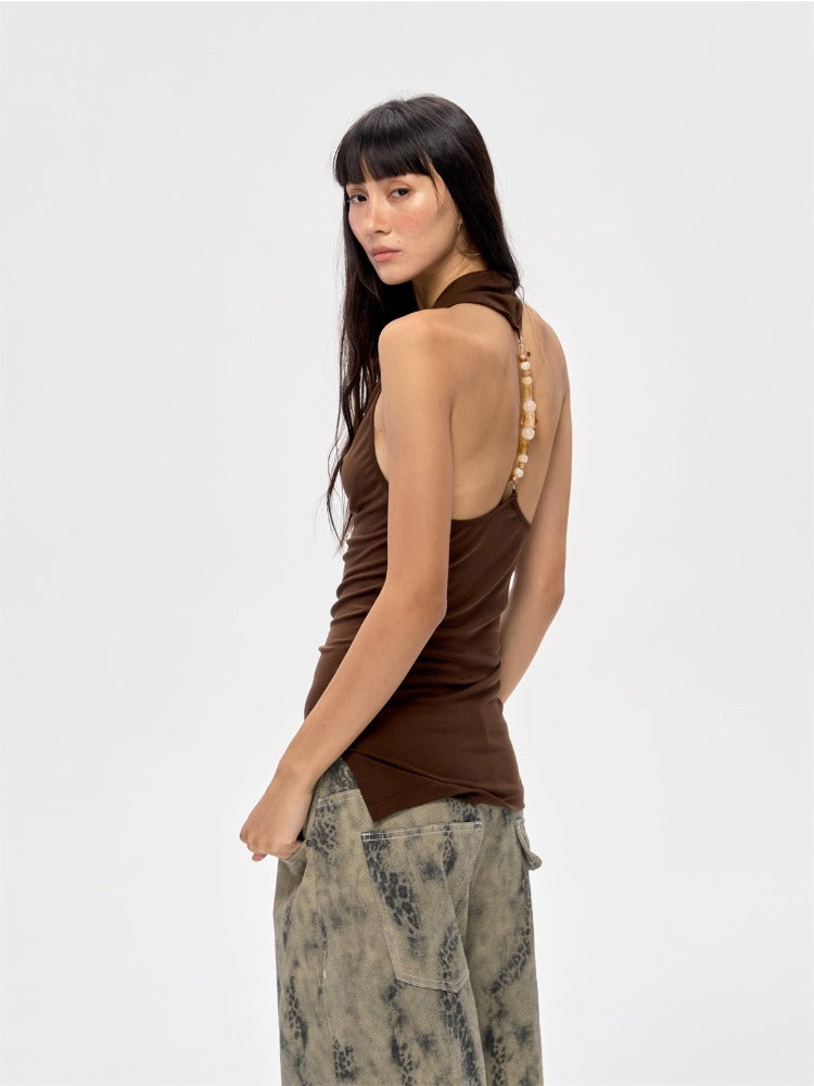 Mocha Beaded V-Back Tank Top