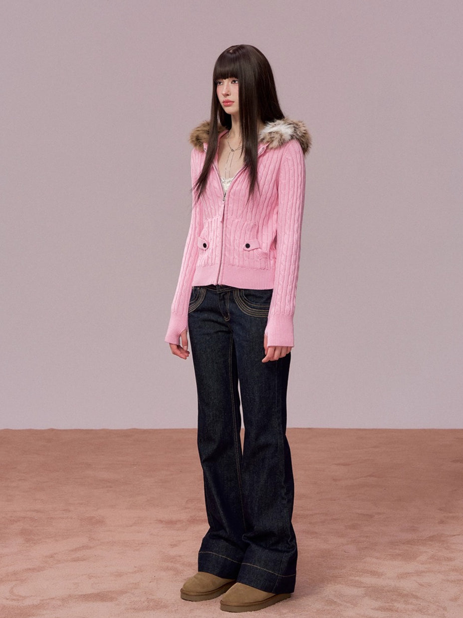 Faux Fur Collar Cable Knit Cardigan