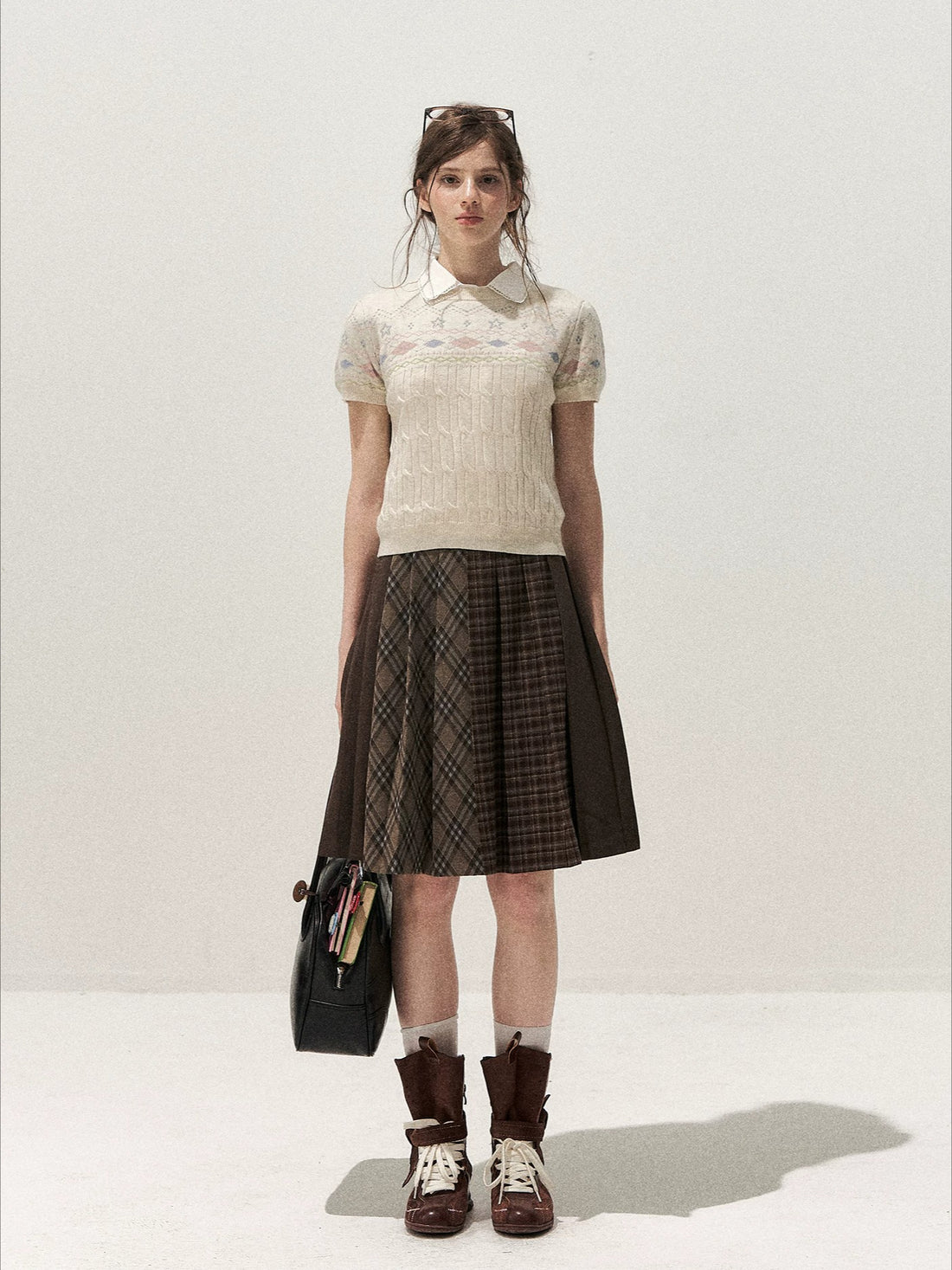 Brown Plaid Pleated Skirt