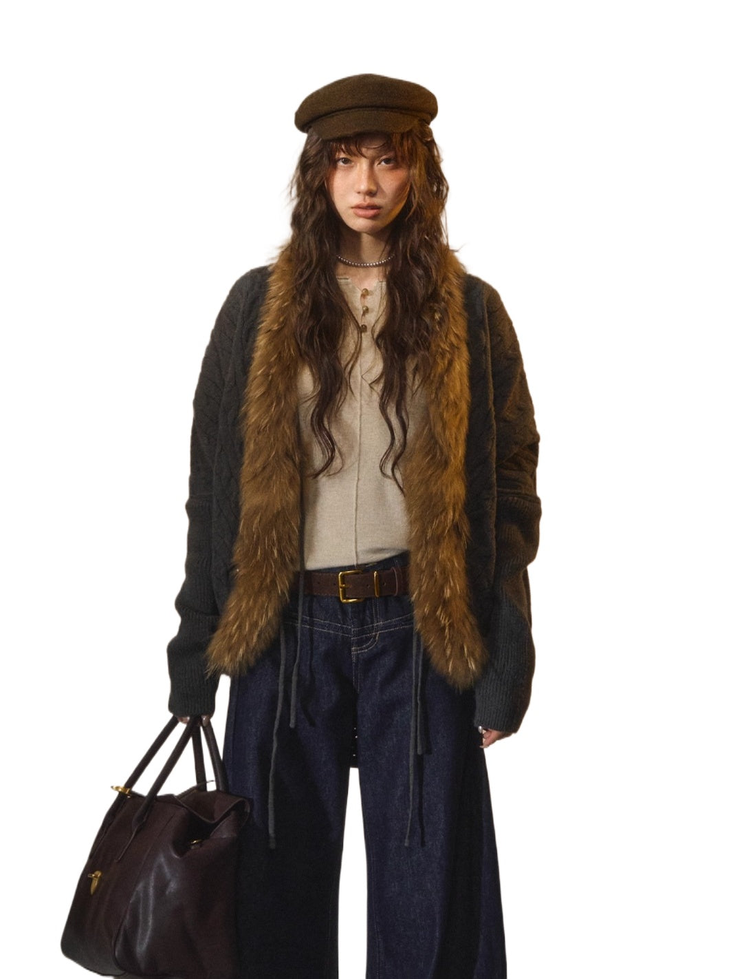 Tie Batwing Fur Collar Sweater