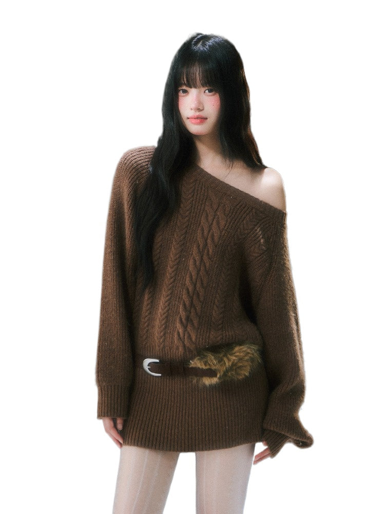 Coffee &amp; Apricot Off-the-shoulder Belt Dress